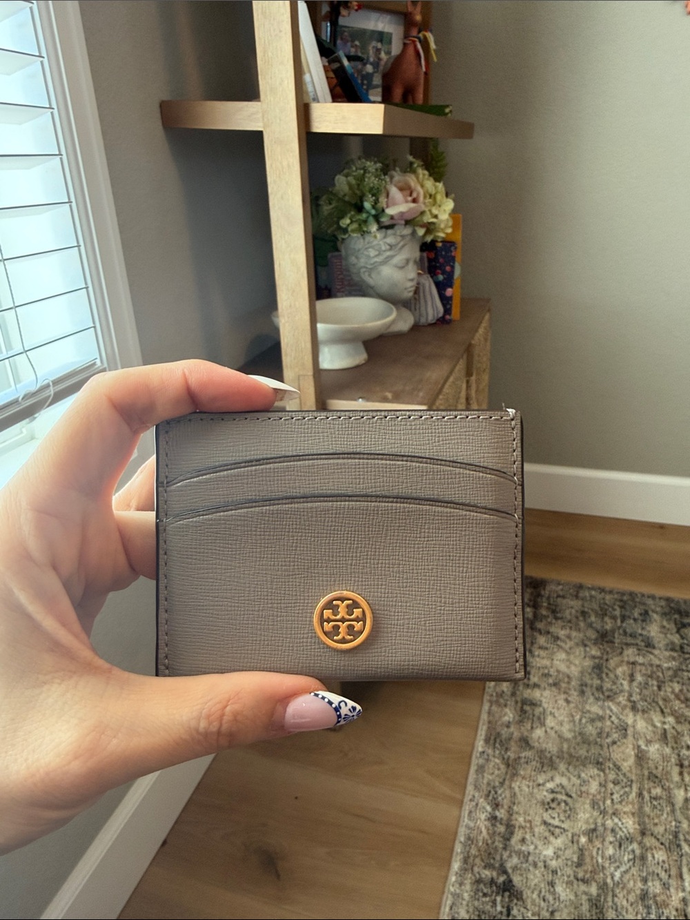 Tory Burch Taupe Saffiano Leather Card Holder with Gold Logo
